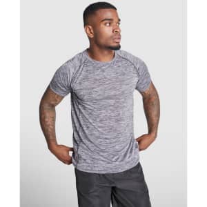 A grey melange t-shirt with short sleeves and a fitted design, featuring a logo on the chest.