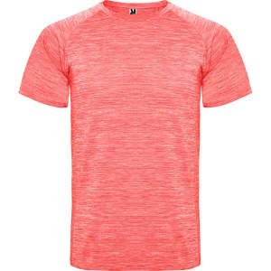A short-sleeved T-shirt in a vibrant coral colour, featuring a textured design and a logo on the collar.