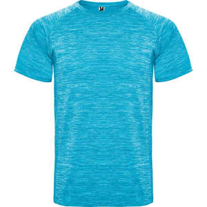 A blue marled T-shirt with a round neckline and short sleeves, featuring a logo on the collar.