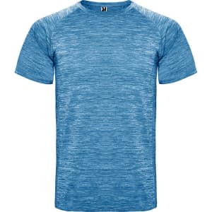 A blue T-shirt with a textured finish and a logo on the front. Suitable for casual wear.