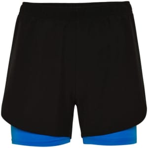 Black sports shorts with a blue inner layer, featuring an elastic waistband and a logo.