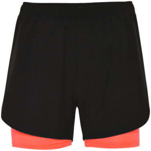 A pair of black running shorts with a pink inner layer, featuring a logo on the waistband.