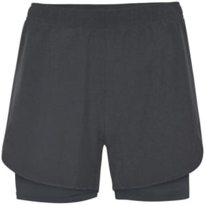 Black running shorts featuring a layered design and an inner lining, complemented by a logo.