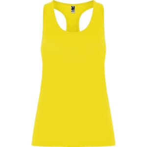 Aida Tank Top in bright yellow with a racerback design and a logo at the neckline.