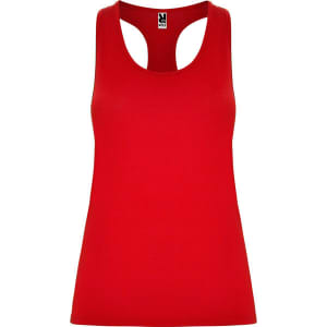 A red tank top with a racerback design, featuring a branding logo on the inside label.