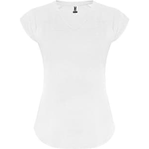 A white V-neck t-shirt with cap sleeves and a branded label on the neckline.