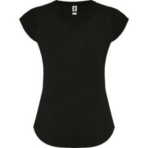 A black women's T-shirt with a V-neck and capped sleeves, featuring a logo on the label.