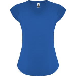 A blue V-neck T-shirt with cap sleeves and a fitted style. It features a logo on the label.