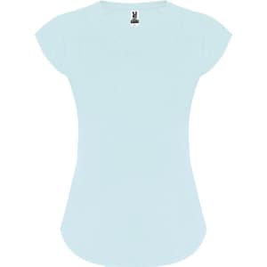 A light blue T-shirt with short sleeves and a scoop neckline, featuring a branding logo.