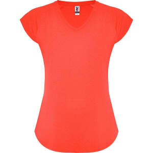 A vibrant coral V-neck T-shirt with cap sleeves and a slightly curved hem. It features a logo on the label.