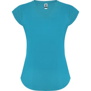 A turquoise V-neck T-shirt with cap sleeves and a fitted silhouette. It features a small logo.