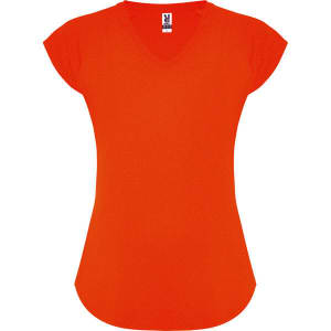 An orange V-neck T-shirt with cap sleeves and a fitted silhouette. It features a small logo in the neckline area.