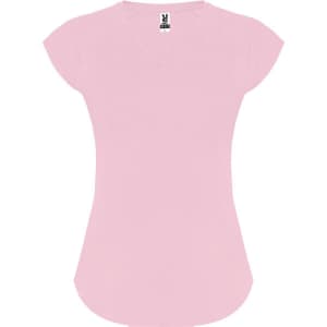 A pink T-shirt with a fitted design and a logo on the collar.