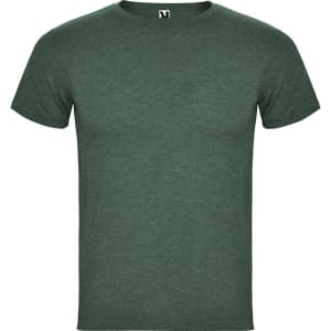 A forest green t-shirt with a crew neckline, featuring a simple design and a logo on the tag.