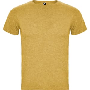 A mustard yellow t-shirt with a round neckline and short sleeves, featuring a logo on the inside label.
