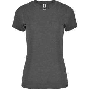 A grey women's T-shirt with short sleeves and a fitted design, featuring a small logo.