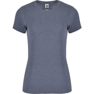 A women's T-shirt in a blue-grey colour with a fitted design and short sleeves. It features a branding logo.