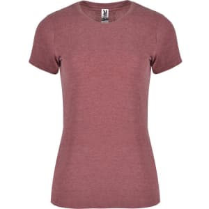 A women's t-shirt in a maroon colour, featuring a fitted design and short sleeves. It includes a branding logo.