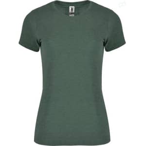 A green women's T-shirt with short sleeves and a fitted design. Features a logo on the label.