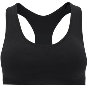 A black cropped tank top with a racerback design and textured detailing, featuring a logo.