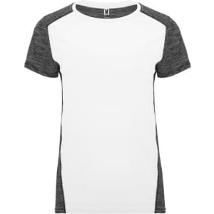 A women's T-shirt featuring a white body and grey raglan sleeves, with branding on the label.