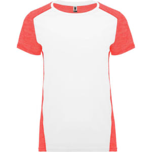 A women's T-shirt featuring a white body with coral pink sleeves and a branding tag at the neck.