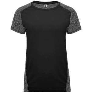 A women's T-shirt featuring a black body with grey textured sleeves. It has a logo on the label.