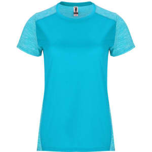 A turquoise women's T-shirt with contrasting light turquoise sleeves, featuring a logo on the front.