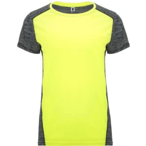 Bright yellow women's T-shirt with grey short sleeves and a logo on the chest. Suitable for casual wear.