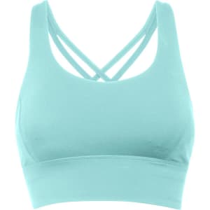 A mint green cropped tank top with a sporty design and crisscross straps on the back. It has a logo.