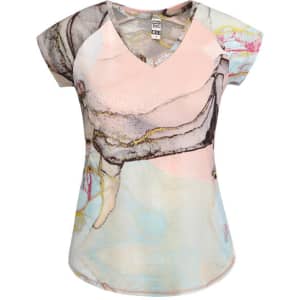 A women's Jada T-Shirt with a pastel, abstract pattern, featuring a v-neck and cap sleeves. It has a logo on the tag.