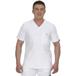 A white short-sleeved scrub top featuring a pocket, designed for professional use. It has a logo on the sleeve.