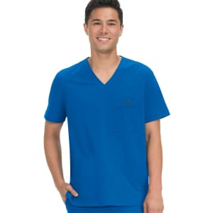 A blue scrub top featuring a V-neck design and a chest pocket, worn by a smiling male model.