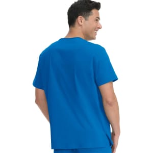 A blue short-sleeved top worn by a smiling man, showcasing the back view. The top features a branded logo.