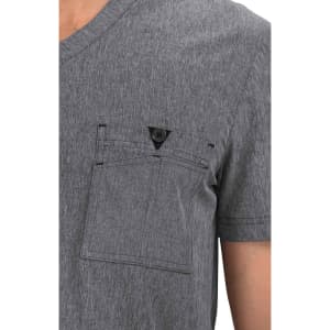 A grey, short-sleeved V-neck T-shirt featuring a pocket with a button detail. The fabric has a textured appearance.