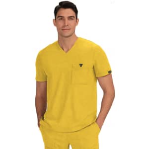 A yellow V-neck top featuring a chest pocket and a logo on the sleeve, worn by a man.