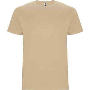 A plain beige T-shirt featuring a logo on the chest. Short sleeves and a classic round neck design.