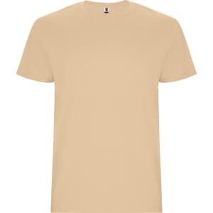 A youth t-shirt in a beige colour featuring a simple design and a logo on the collar.