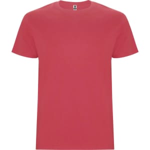 A red Stafford T-Shirt with short sleeves and a crew neck, featuring a logo on the label.