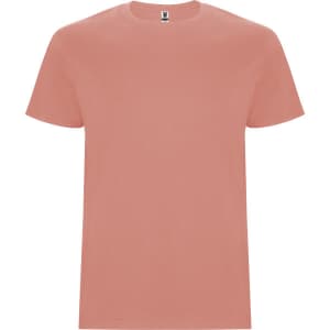 A plain coral t-shirt featuring short sleeves and a crew neck design. It has a tag logo in the neckline.