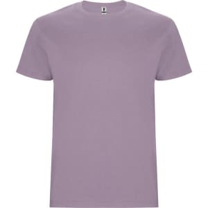 A lilac T-shirt with a crew neckline, featuring a branding logo on the label.