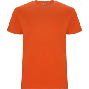An orange Stafford T-shirt with a classic crew neck and short sleeves. It features a branding label on the inside.