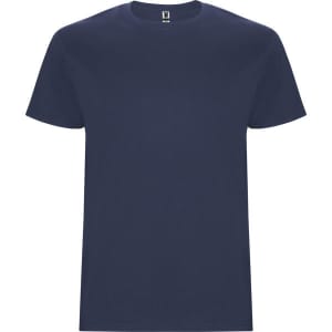 A navy blue Stafford T-shirt with a round neckline and short sleeves. It features a logo on the label.