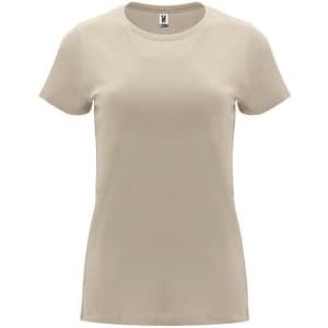 A beige Capri T-Shirt with a round neckline and short sleeves, featuring a logo on the label.