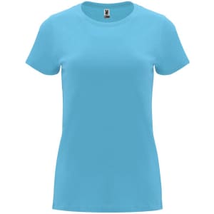 A turquoise Capri T-Shirt with a classic crew neckline and short sleeves. Features a logo.
