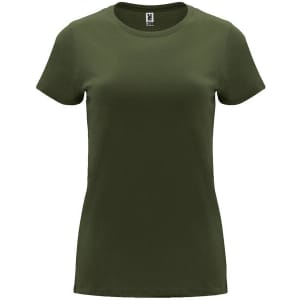 An olive green Capri T-shirt featuring a fitted design and a crew neck. It has a branding logo on the label.