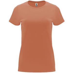 A short-sleeved t-shirt in a muted terracotta colour, featuring a simple design and a brand logo.