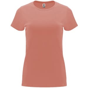 A pink Capri T-Shirt featuring a classic crew neck and short sleeves. It has a logo on the label.