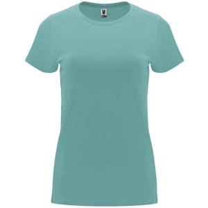 A turquoise Capri T-Shirt with a classic crew neckline and short sleeves, featuring a logo on the inside tag.