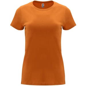 An orange Capri T-Shirt with a round neckline and short sleeves, featuring a logo on the label.